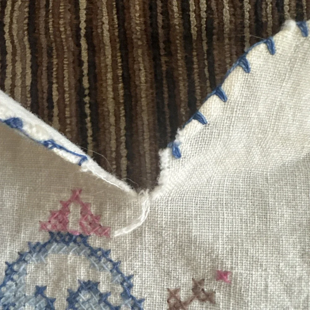 Handmade Cross-Stitch Linen Chair Back & Armrest Cover Set Vtg Scalloped Doilies